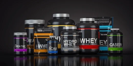 Protein supplements and nutrition products displayed together