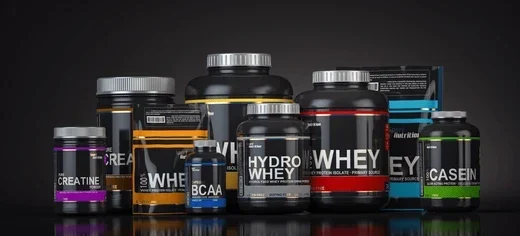 Protein supplements and nutrition products displayed together